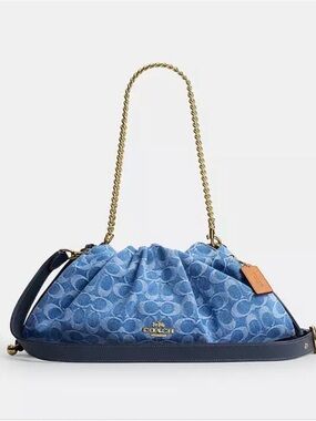 Coach Blue Denim Signature Gathered Shoulder Bag with Gold Chain